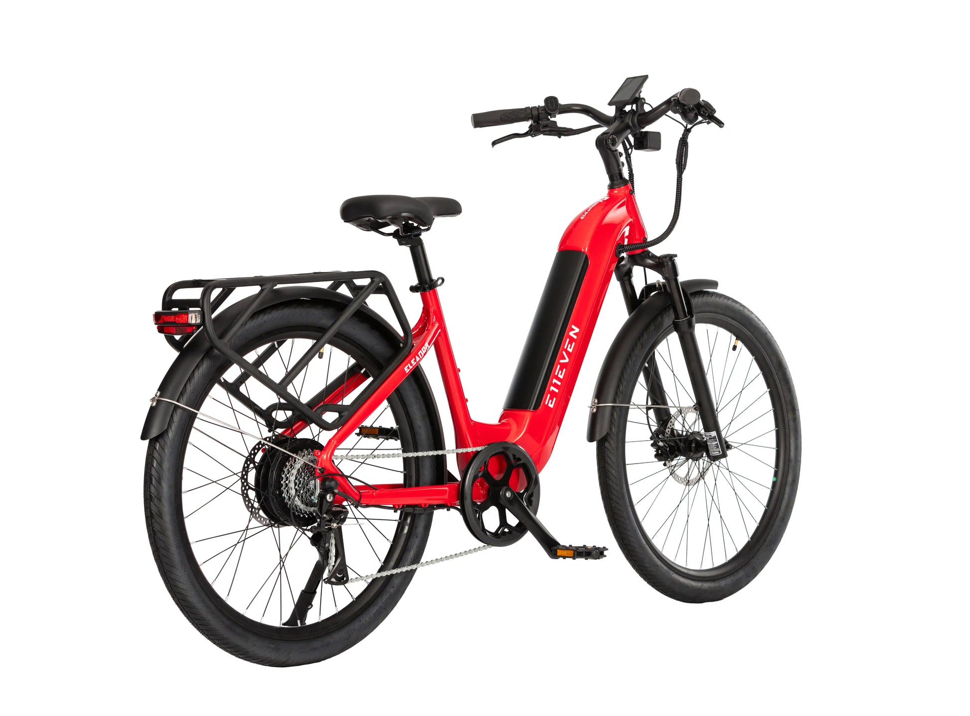 E11EVEN Eleanor red commuter ebike rear three-quarter side view with rear rack and taillight