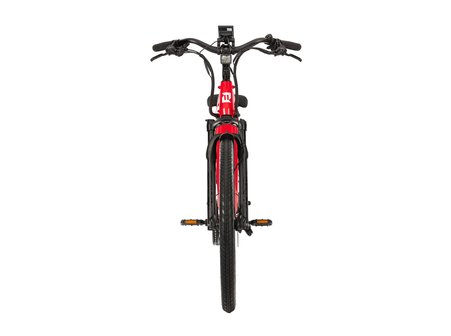 E11EVEN Eleanor red step-through ebike front view with handlebar display and front suspension