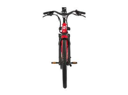 E11EVEN Eleanor red step-through ebike front view with handlebar display and front suspension