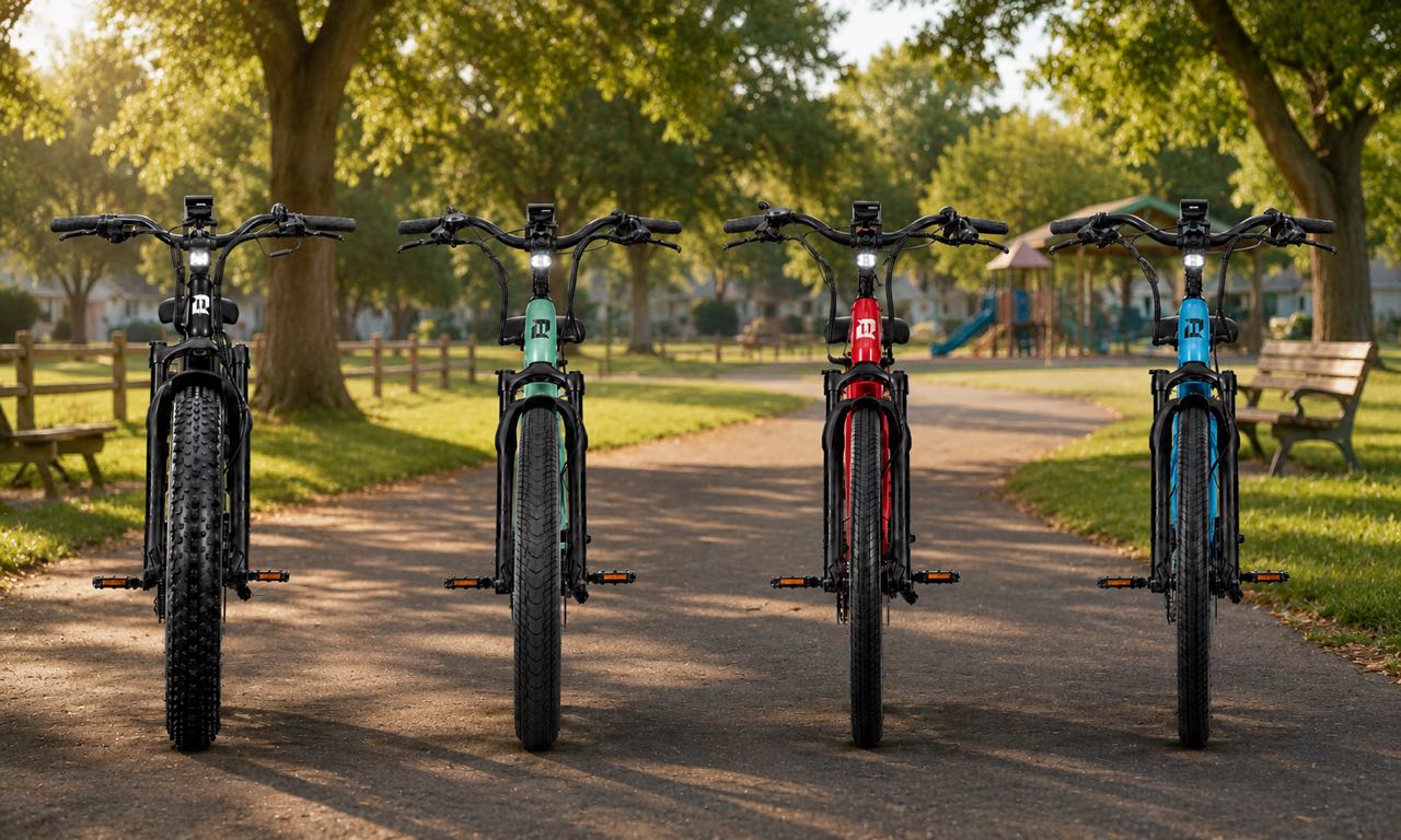 Four E11even ebikes in different colors (black, green, red, and blue) are lined up on a paved path in a sunny park with trees and playground equipment in the background.