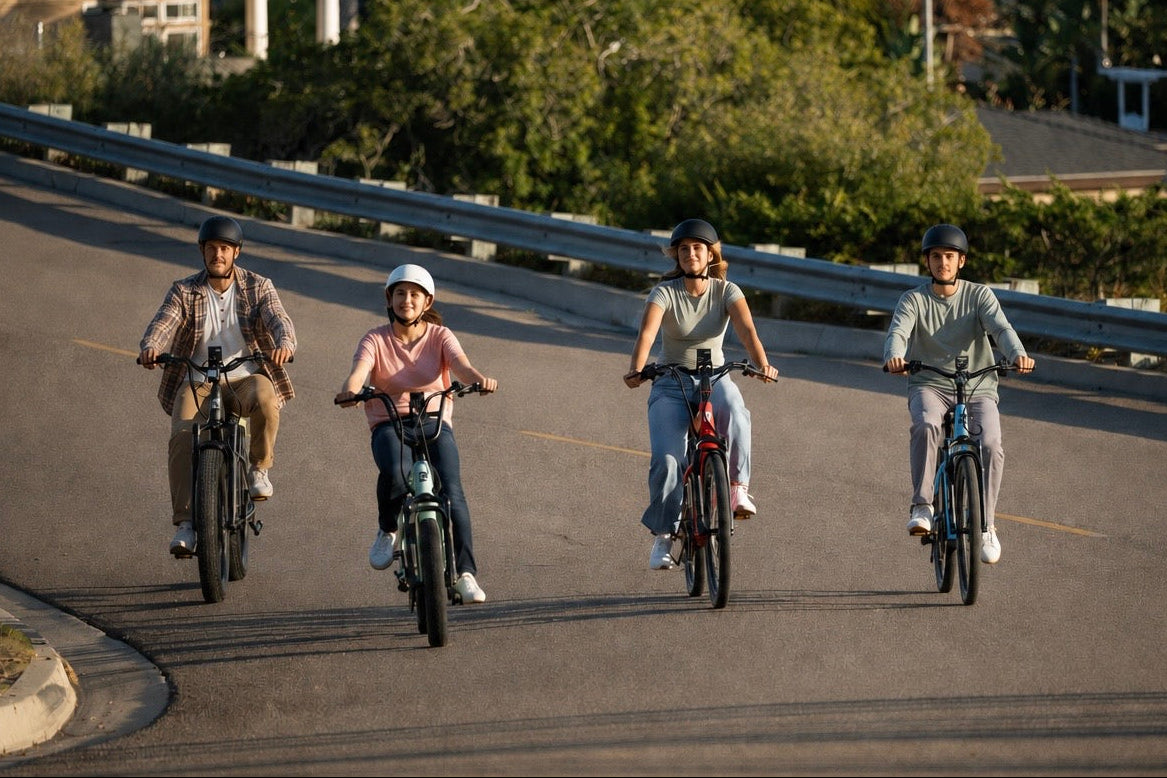 A warm family ride through a sunny neighborhood
