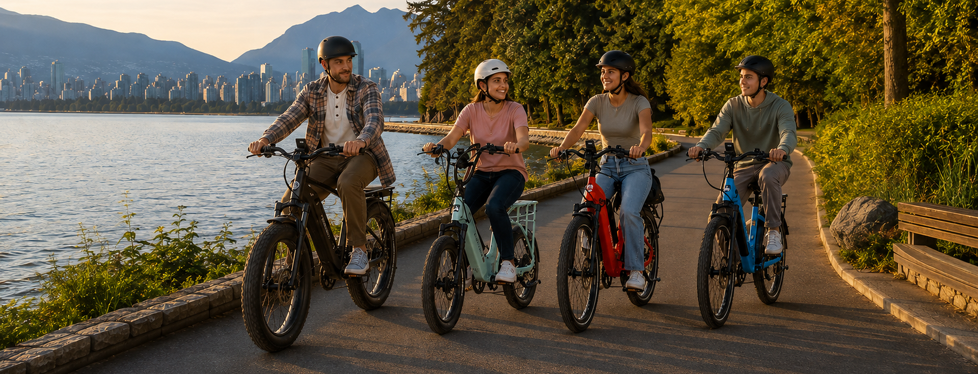 Four riders on electric bikes along a waterfront path