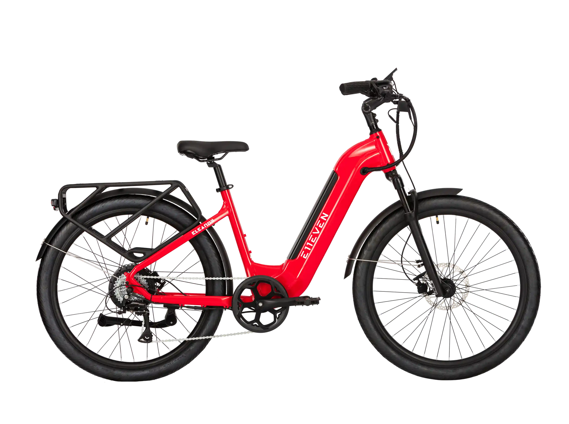 E11EVEN ELEANOR step-through electric bike with rear cargo rack, front suspension, fenders, and disc brakes