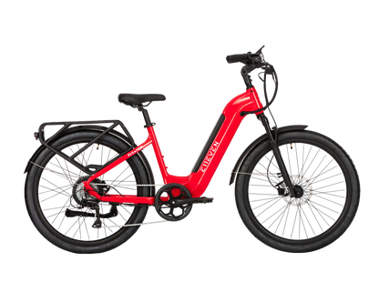 E11EVEN ELEANOR step-through electric bike with rear cargo rack, front suspension, fenders, and disc brakes