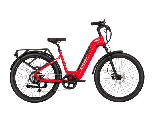 E11EVEN ELEANOR step-through electric bike with rear cargo rack, front suspension, fenders, and disc brakes