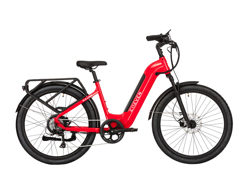 E11EVEN ELEANOR step-through electric bike with rear cargo rack, front suspension, fenders, and disc brakes