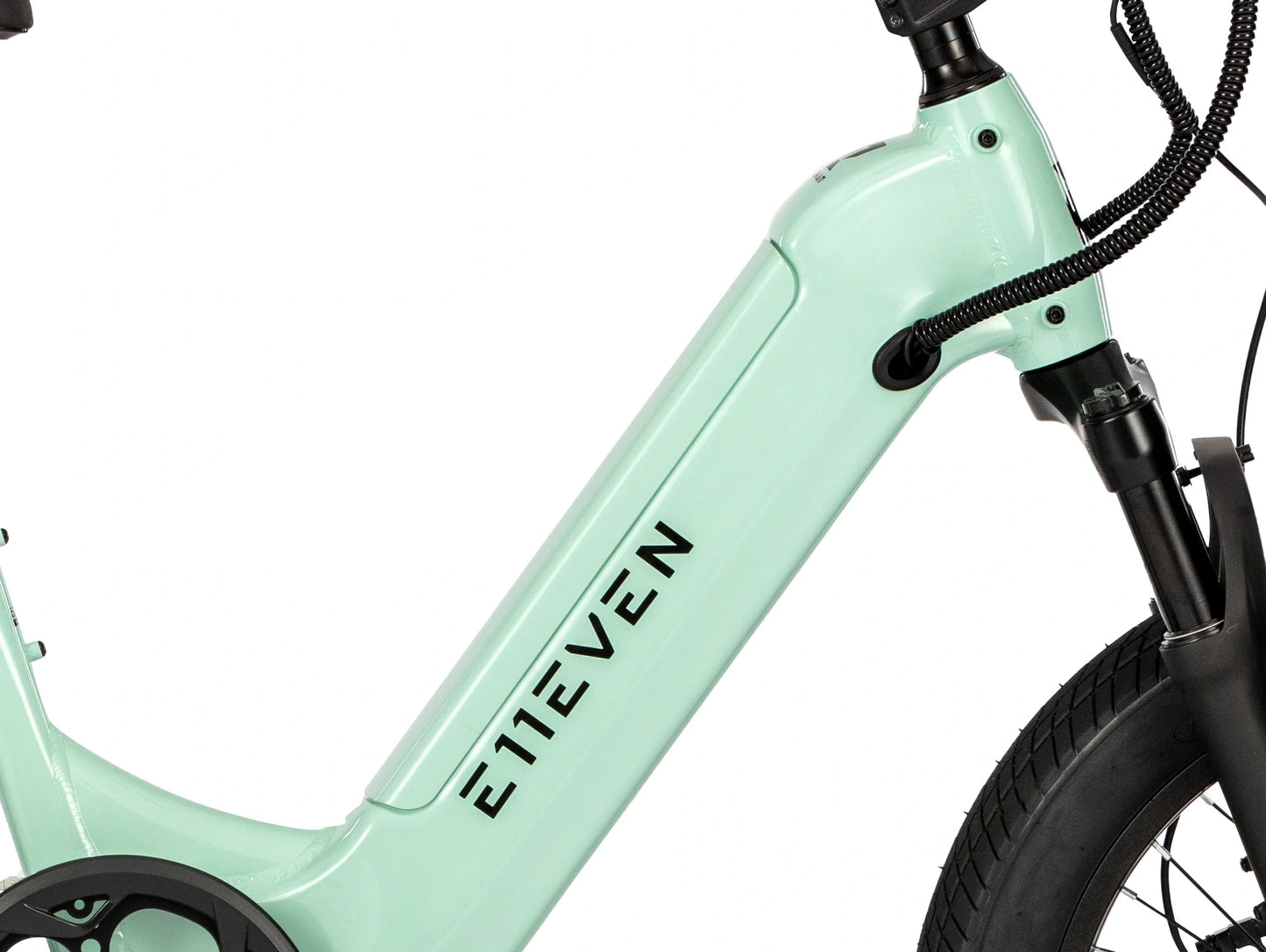 Close-up of the downtube logo front on the E11EVEN WINGMAN electric bike.