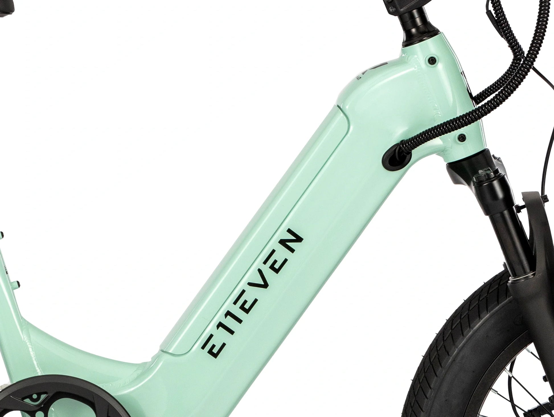 Close-up of the downtube logo front on the E11EVEN WINGMAN electric bike.