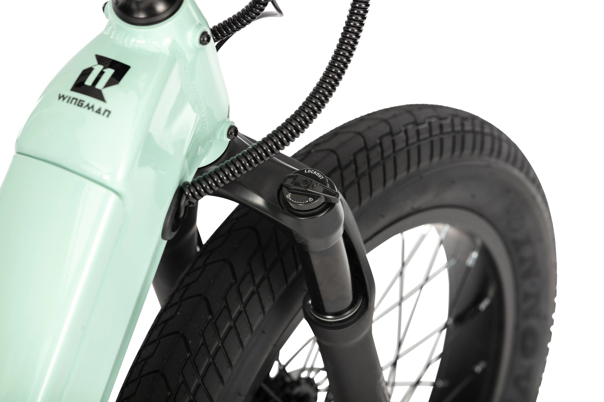 Close-up of the front fork head tube on the E11EVEN WINGMAN electric bike.