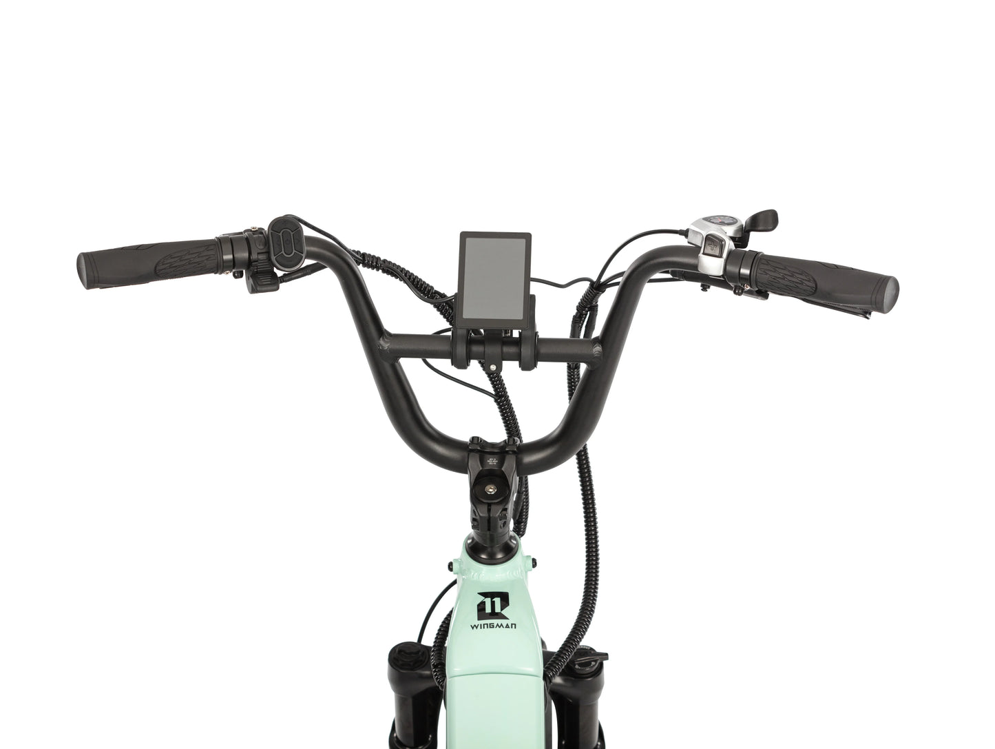 Close-up of the handlebar display front on the E11EVEN WINGMAN electric bike.