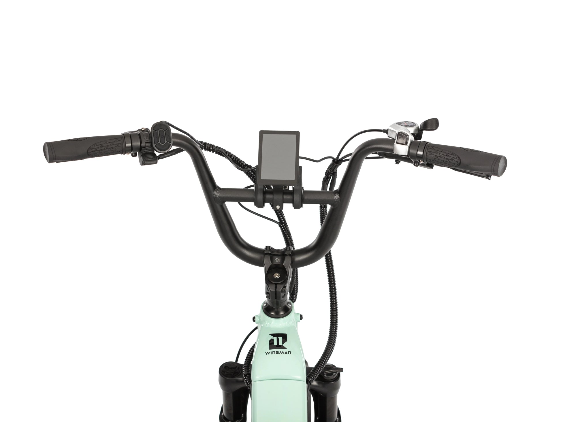 Close-up of the handlebar display front on the E11EVEN WINGMAN electric bike.