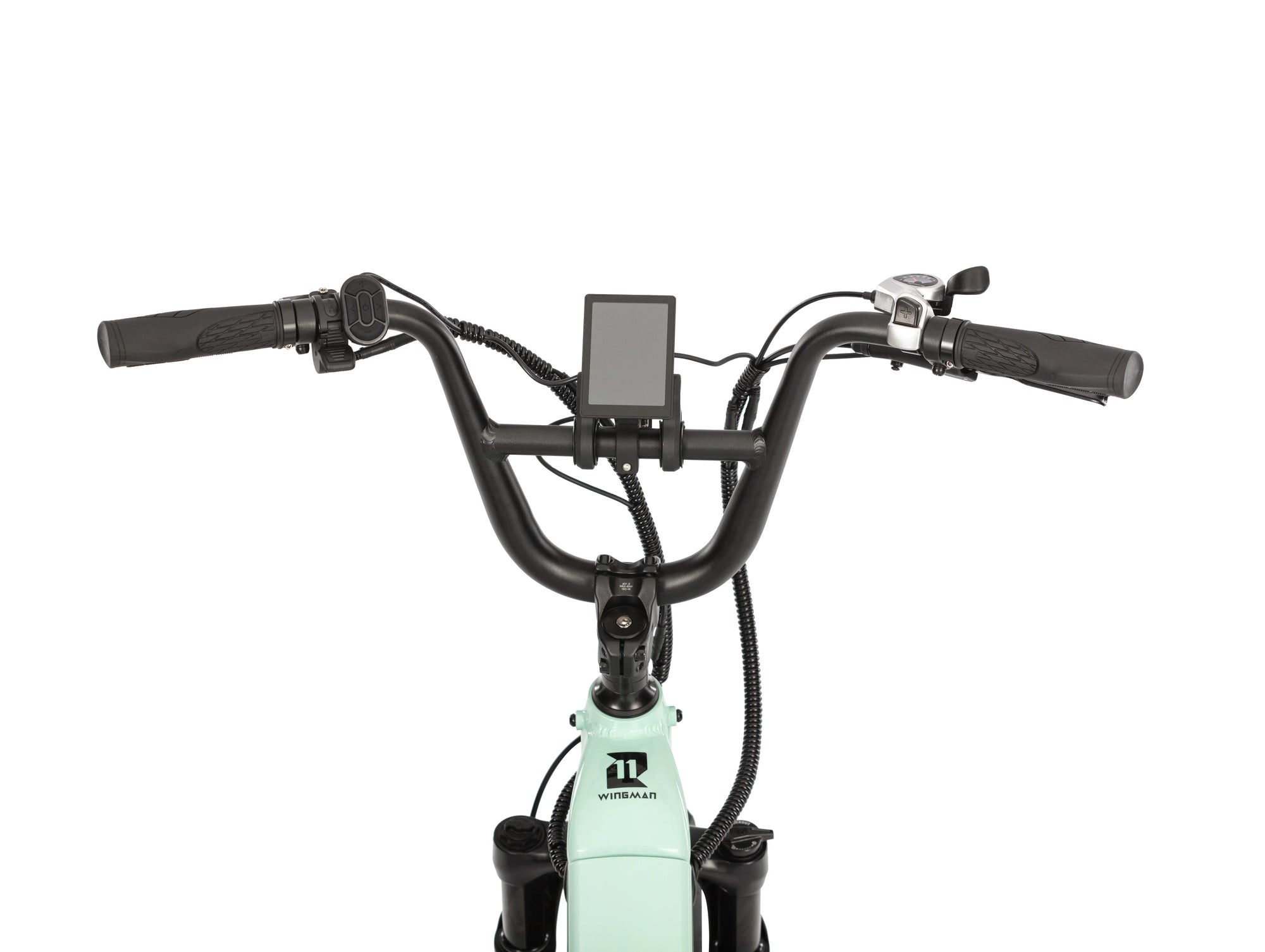 Close-up of the handlebar display front on the E11EVEN WINGMAN electric bike.