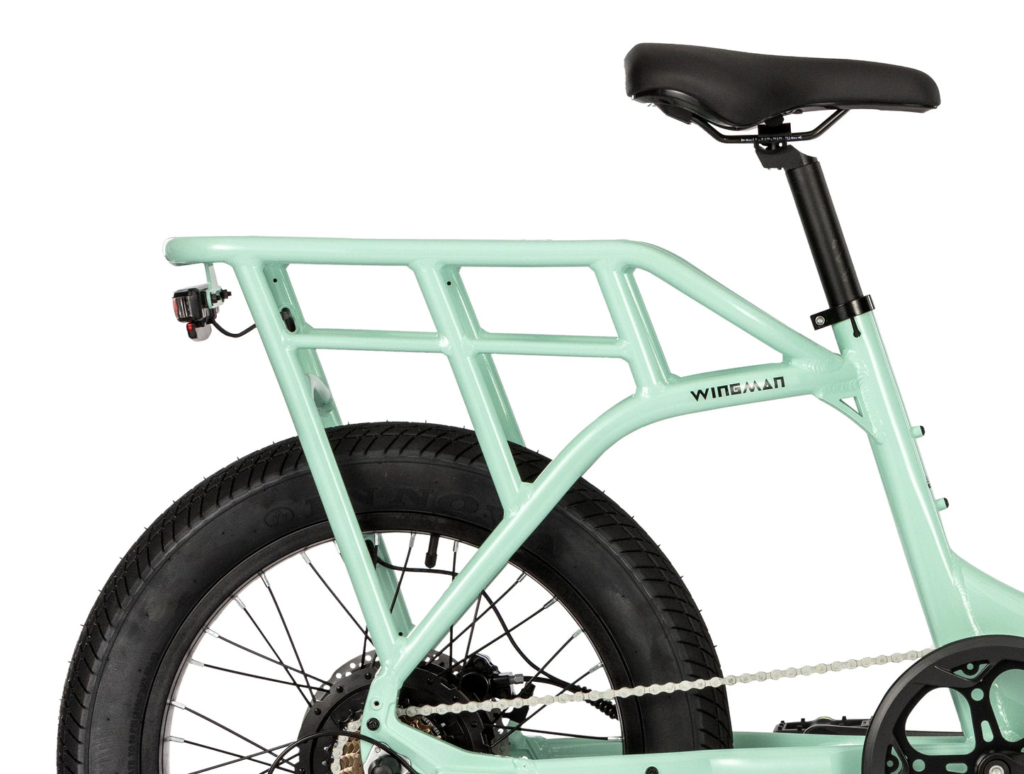Close-up of the rear rack side on the E11EVEN WINGMAN electric bike.