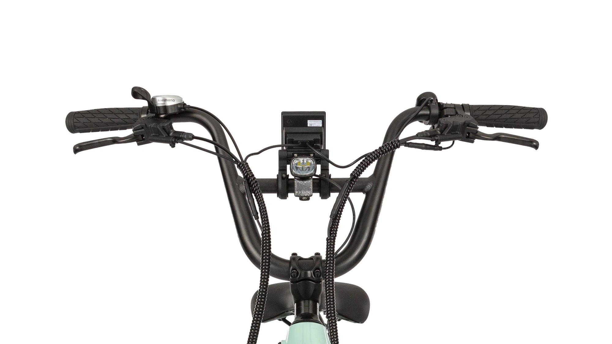 E11EVEN WINGMAN electric bike handlebars with brake levers, display, front headlight, grips, and visible cable routing.