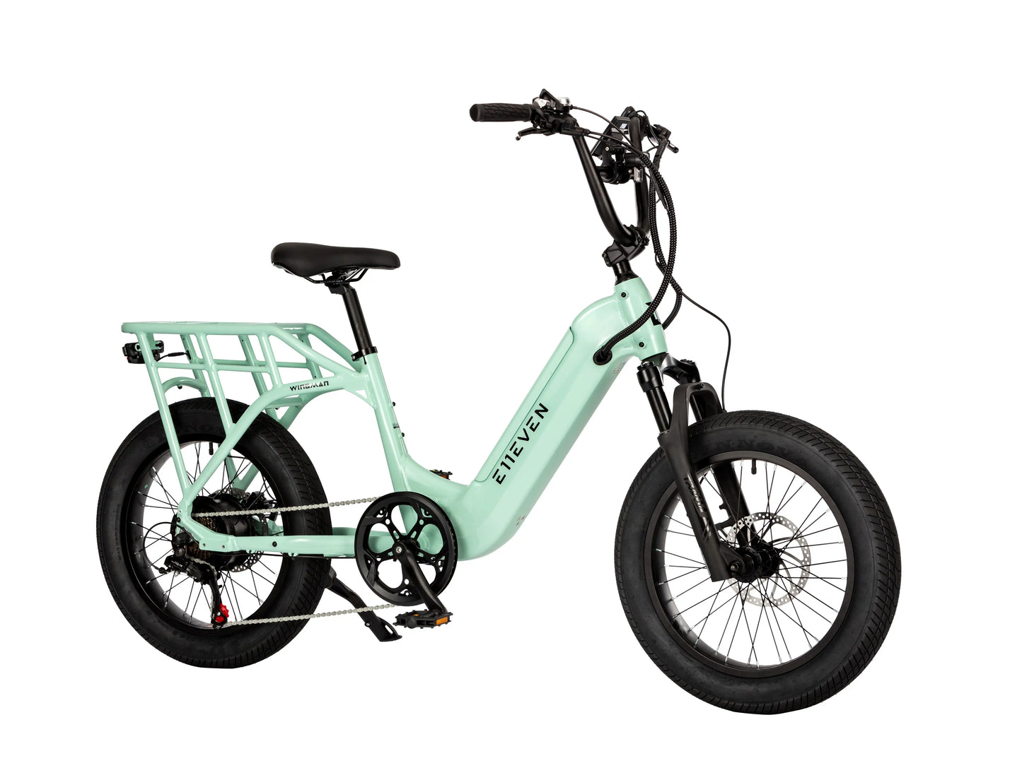 E11EVEN Wingman mint green compact ebike angled side view with rear rack and tall handlebar