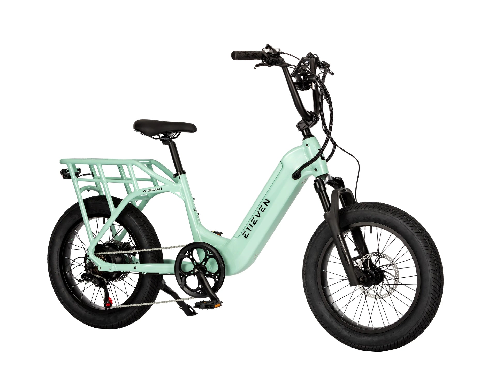 E11EVEN Wingman mint green compact ebike angled side view with rear rack and tall handlebar