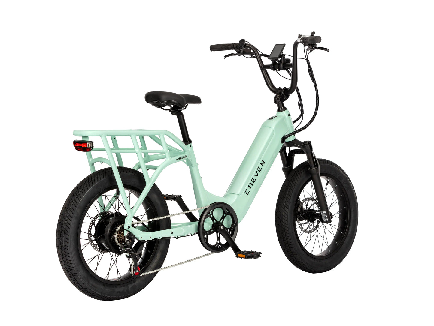 E11EVEN Wingman mint green utility ebike three-quarter side view with rear rack and fat tires