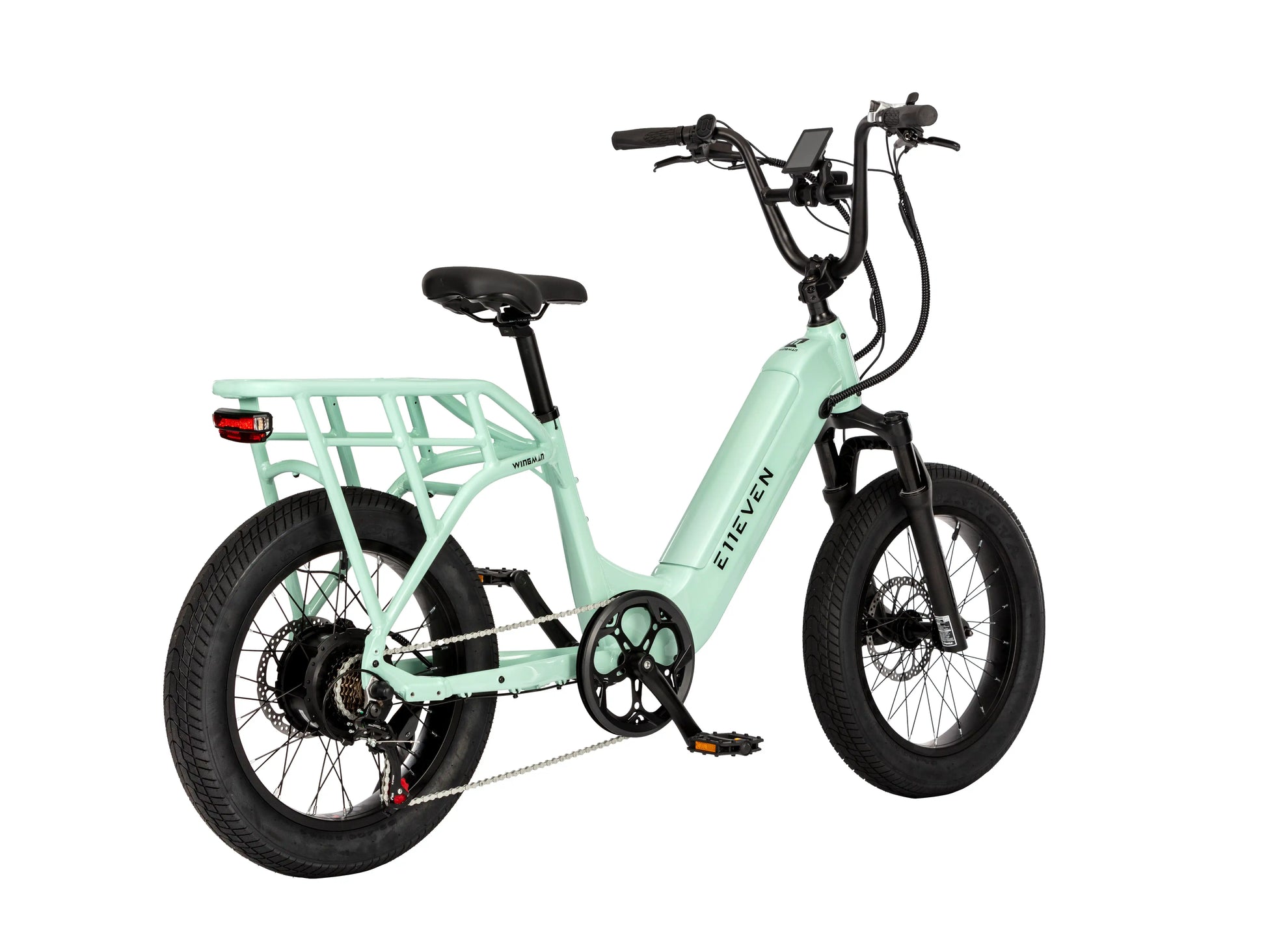 E11EVEN Wingman mint green utility ebike three-quarter side view with rear rack and fat tires