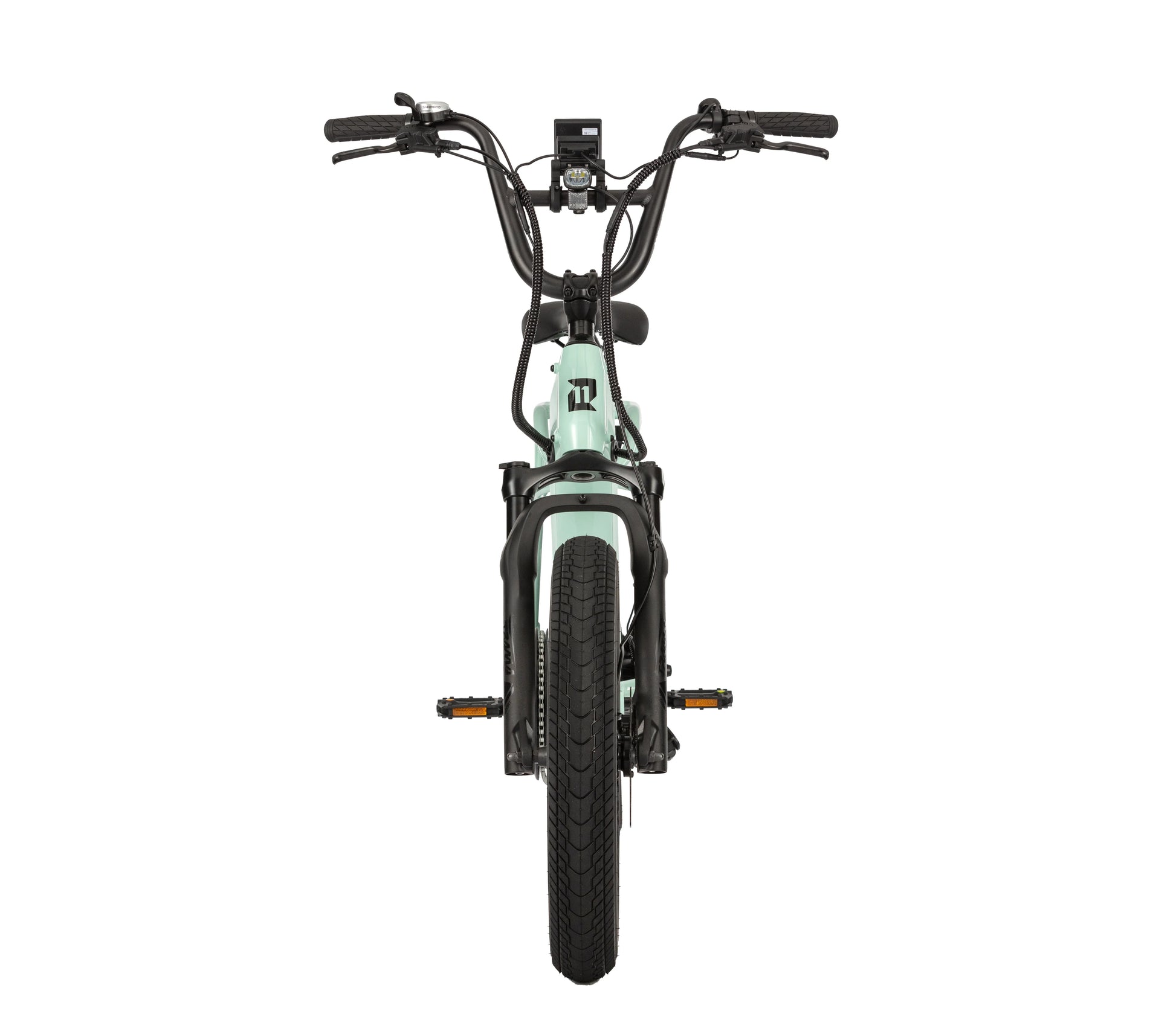 E11EVEN Wingman mint green compact utility ebike front view with wide front tire and high handlebar