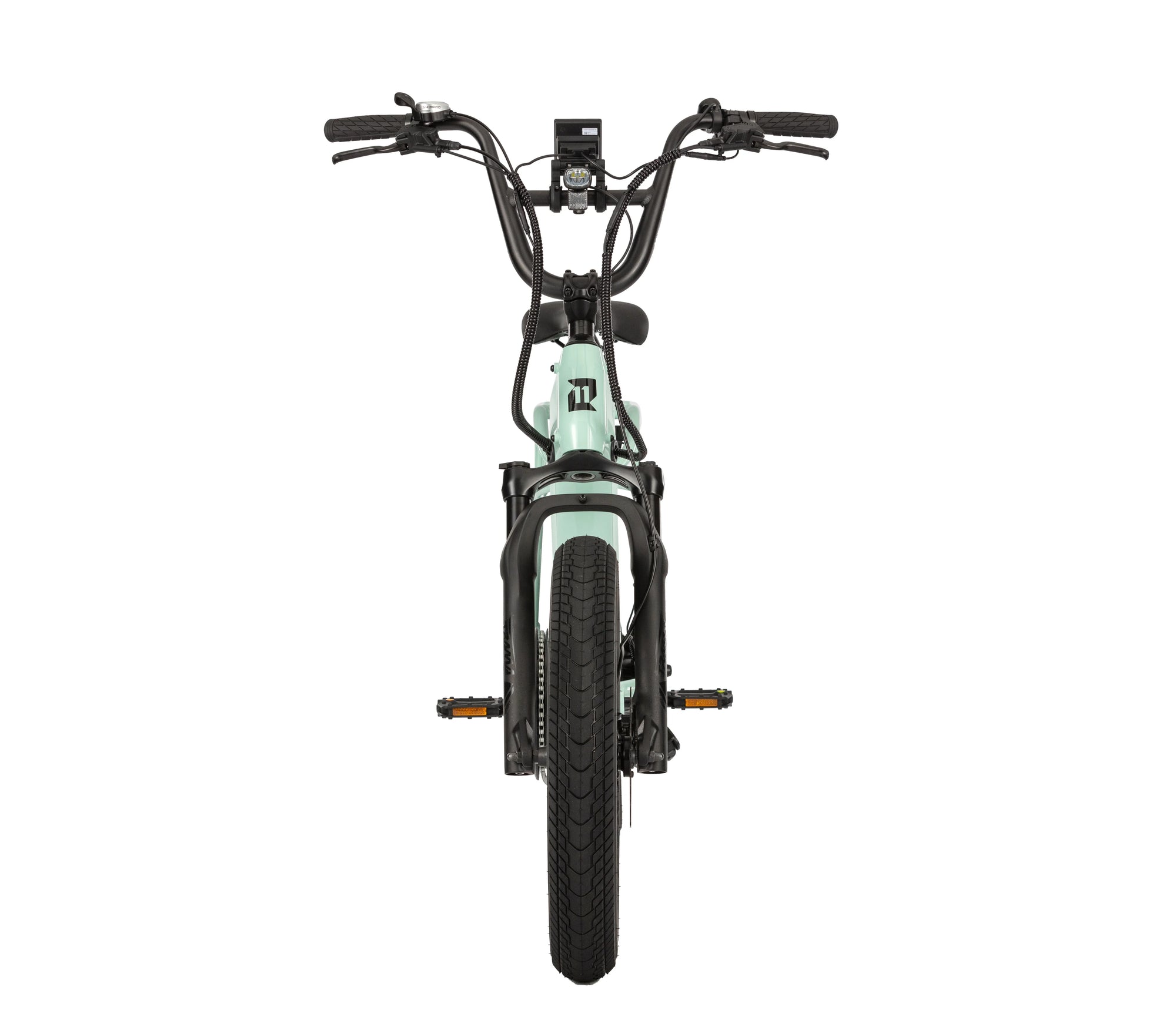 E11EVEN Wingman mint green compact utility ebike front view with wide front tire and high handlebar