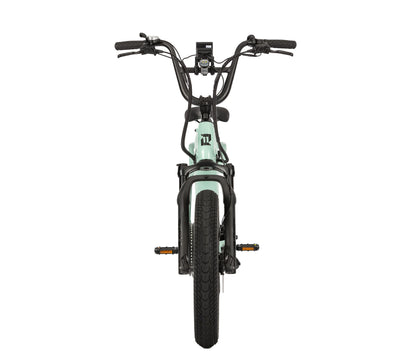 E11EVEN Wingman mint green compact utility ebike front view with wide front tire and high handlebar